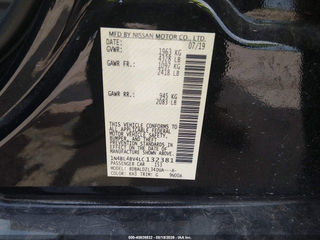 45926932 :رقم المزاد ، 1N4BL4BV4LC132381 vin ، 2020 Nissan Altima S Fwd مزاد بيع