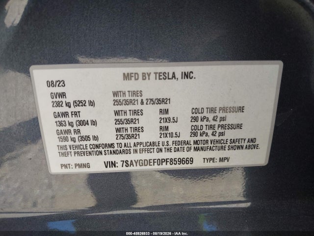 Продаж на аукціоні авто 2023 Tesla Model Y Performance Dual Motor All-wheel Drive, vin: 7SAYGDEF0PF859669, номер лоту: 45926933