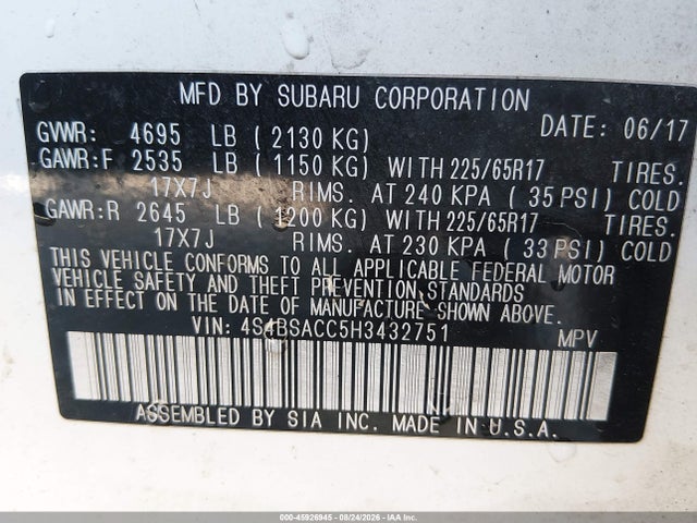 2017 Subaru Outback 2.5i Premium მანქანა იყიდება აუქციონზე, vin: 4S4BSACC5H3432751, აუქციონის ნომერი: 45926945