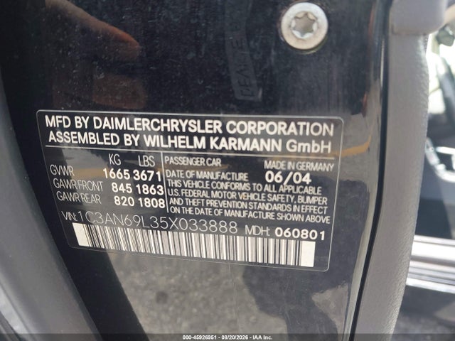 Aukcja sprzedaży 2005 Chrysler Crossfire Limited, vin: 1C3AN69L35X033888, numer aukcji: 45926951