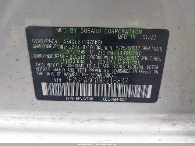 Auction sale of the 2022 Subaru Crosstrek, vin: JF2GTABC8N8216837, lot number: 45926960