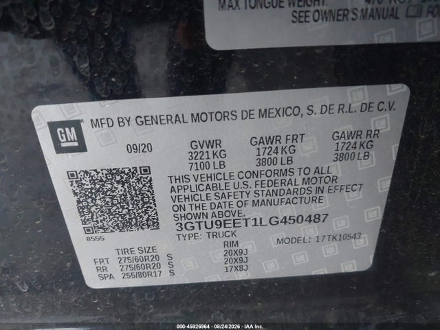 45926964 :رقم المزاد ، 3GTU9EET1LG450487 vin ، 2020 Gmc Sierra 1500 4wd  Short Box At4 مزاد بيع