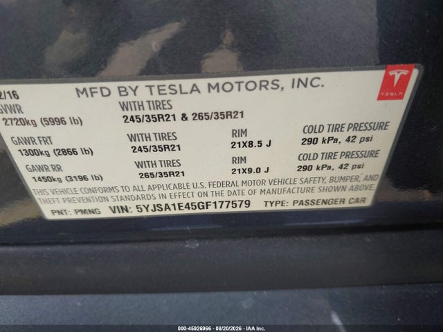 Tesla Model S 90d/p100d/p85d/p90d 2016 5YJSA1E45GF177579 Image 9