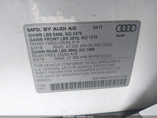 Продаж на аукціоні авто 2018 Audi Q5 2.0t Premium/2.0t Tech Premium, vin: WA1ANAFY6J2014784, номер лоту: 45926967