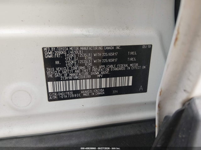 45926968 :رقم المزاد ، 2T3H1RFV8KC008399 vin ، 2019 Toyota Rav4 Le مزاد بيع