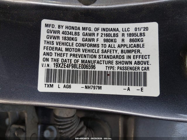 2020 Honda Insight Touring მანქანა იყიდება აუქციონზე, vin: 19XZE4F98LE006596, აუქციონის ნომერი: 45926978