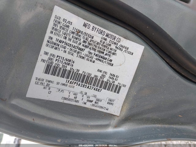 2005 Ford Taurus Sel მანქანა იყიდება აუქციონზე, vin: 1FAFP56285A274887, აუქციონის ნომერი: 45926988