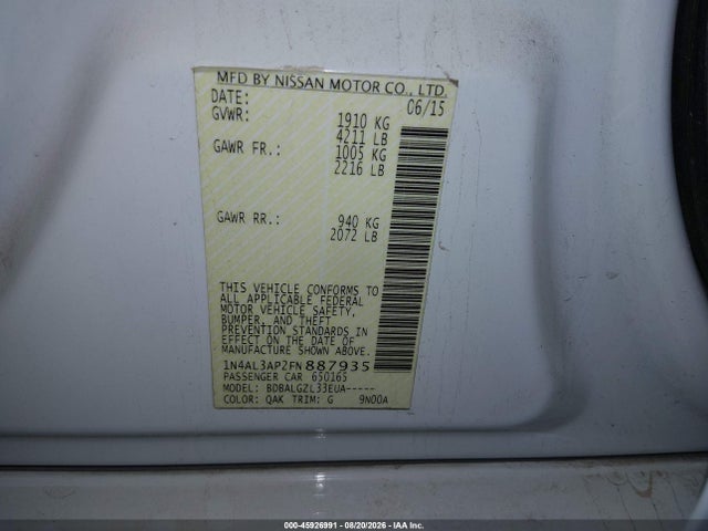 Aukcja sprzedaży 2015 Nissan Altima 2.5/2.5 S/2.5 Sl/2.5 Sv, vin: 1N4AL3AP2FN887935, numer aukcji: 45926991
