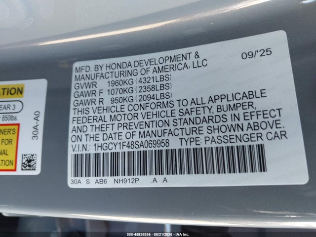 Aukcja sprzedaży 2025 Honda Accord Se, vin: 1HGCY1F48SA069958, numer aukcji: 45926996