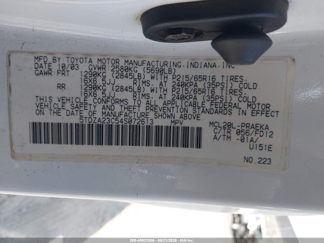 Aukcja sprzedaży 2004 Toyota Sienna Le, vin: 5TDZA23C54S072613, numer aukcji: 45927006