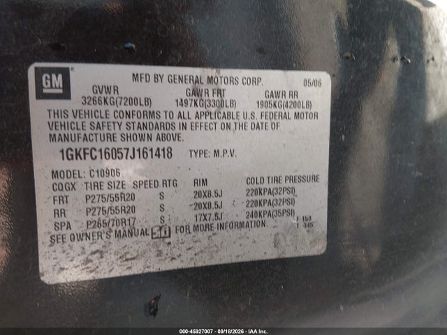2007 Gmc Yukon Xl 1500 Slt მანქანა იყიდება აუქციონზე, vin: 1GKFC16057J161418, აუქციონის ნომერი: 45927007