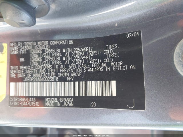 Aukcja sprzedaży 2004 Toyota Highlander Limited V6, vin: JTEDP21A840023818, numer aukcji: 45927027