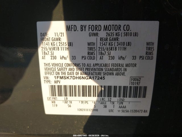 Aukcja sprzedaży 2022 Ford Explorer Xlt, vin: 1FMSK7DH6NGA17245, numer aukcji: 45927065