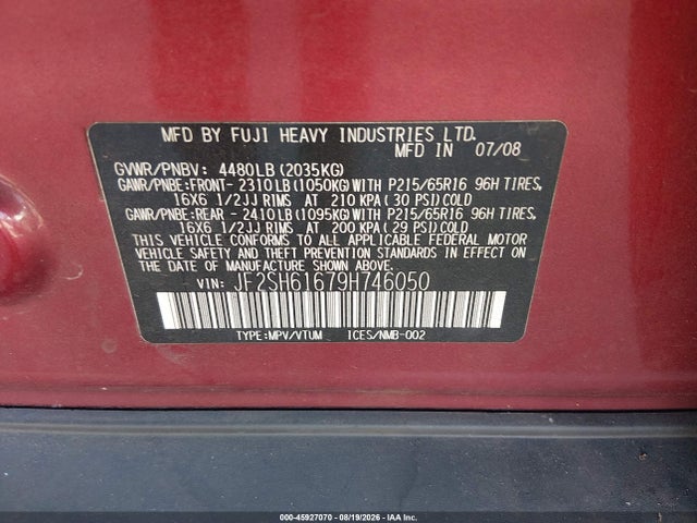 Продаж на аукціоні авто 2009 Subaru Forester 2.5x, vin: JF2SH61679H746050, номер лоту: 45927070