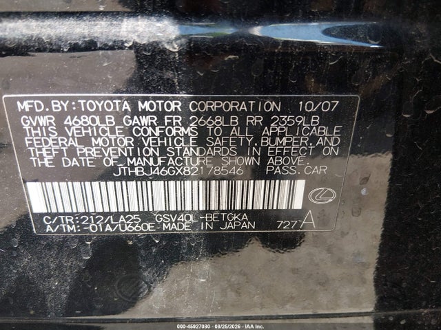 Продажа на аукционе авто 2008 Lexus Es 350, vin: JTHBJ46GX82178546, номер лота: 45927080