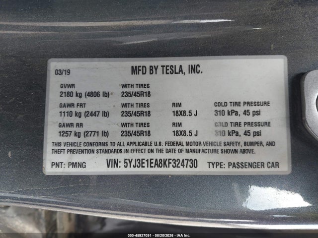 Tesla Model 3 Long Range/mid Range/standard Range/standard Range Plus 2019 5YJ3E1EA8KF324730 Image 9