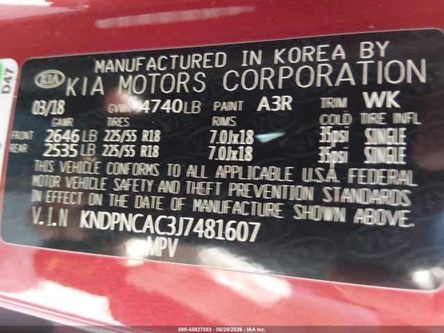 Aukcja sprzedaży 2018 Kia Sportage Ex, vin: KNDPNCAC3J7481607, numer aukcji: 45927093