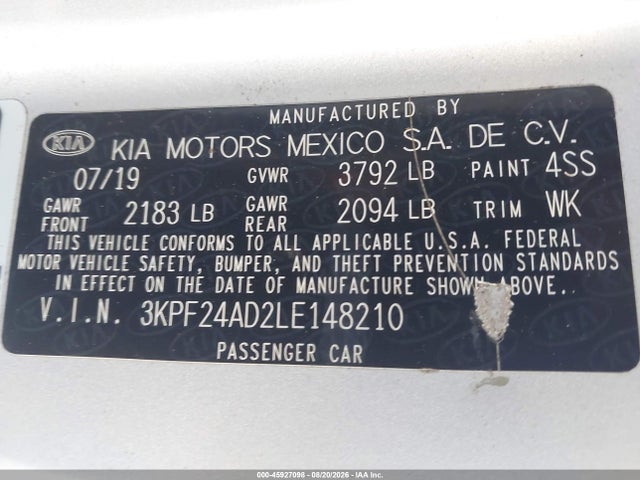 2020 Kia Forte Lxs მანქანა იყიდება აუქციონზე, vin: 3KPF24AD2LE148210, აუქციონის ნომერი: 45927098