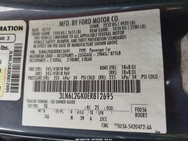 Продажа на аукционе авто 2014 Lincoln Mkz, vin: 3LN6L2GK0ER812695, номер лота: 45927106