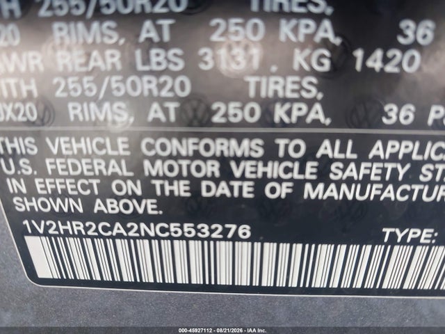 45927112 :رقم المزاد ، 1V2HR2CA2NC553276 vin ، 2022 Volkswagen Atlas 3.6l V6 Se W/technology مزاد بيع