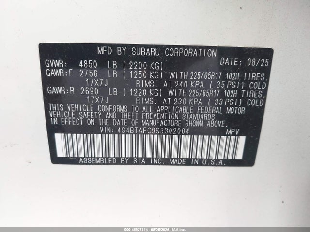 45927114 :رقم المزاد ، 4S4BTAFC9S3302004 vin ، 2025 Subaru Outback Premium مزاد بيع
