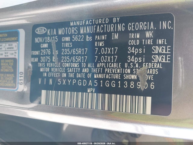 Aukcja sprzedaży 2016 Kia Sorento 3.3l Lx, vin: 5XYPGDA51GG138906, numer aukcji: 45927119