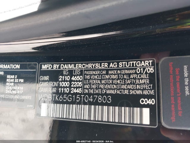 Продаж на аукціоні авто 2005 Mercedes-benz Clk 320, vin: WDBTK65G15T047803, номер лоту: 45927145