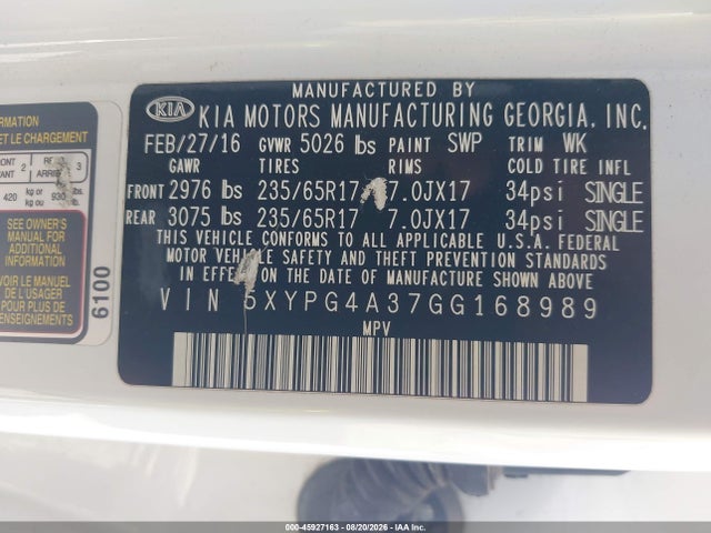 5XYPG4A37GG168989 KIA Sorento 2.4l Lx