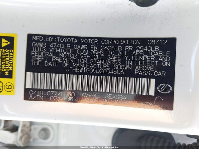 2013 Lexus Es 300h მანქანა იყიდება აუქციონზე, vin: JTHBW1GG9D2004606, აუქციონის ნომერი: 45927168