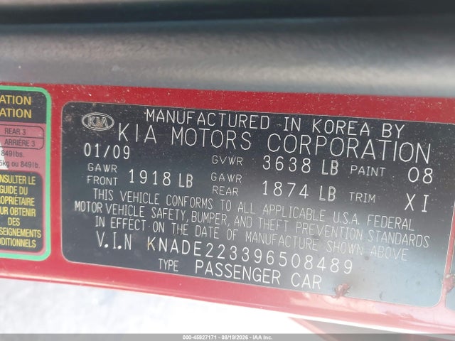 45927171 :رقم المزاد ، KNADE223396508489 vin ، 2009 Kia Rio Lx مزاد بيع