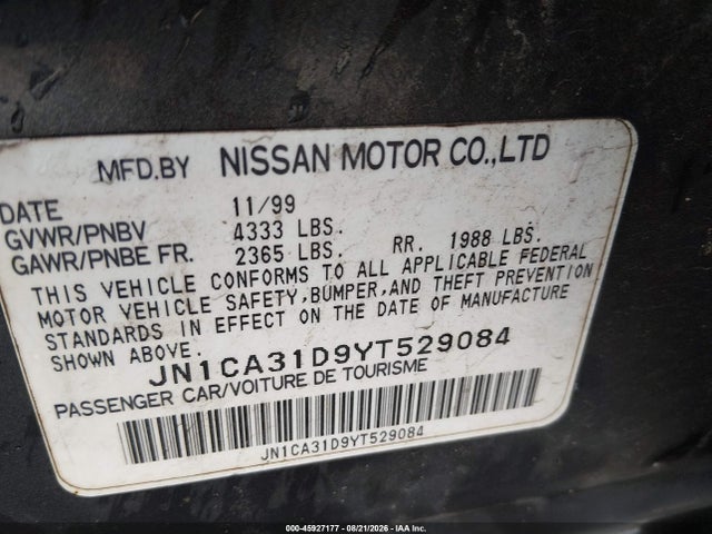 45927177 :رقم المزاد ، JN1CA31D9YT529084 vin ، 2000 Nissan Maxima Gle/gxe/se مزاد بيع