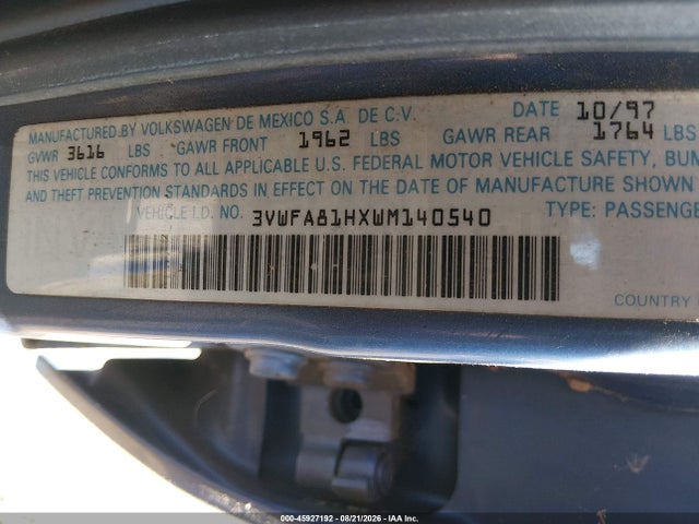 Продажа на аукционе авто 1998 Volkswagen Golf Gl, vin: 3VWFA81HXWM140540, номер лота: 45927192