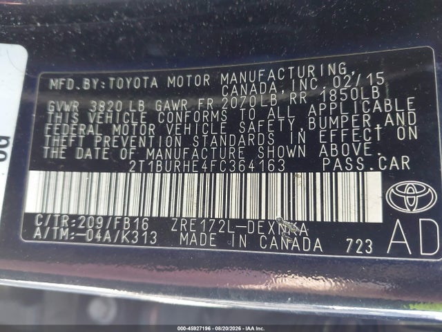 2T1BURHE4FC364163 Toyota COROLLA LE