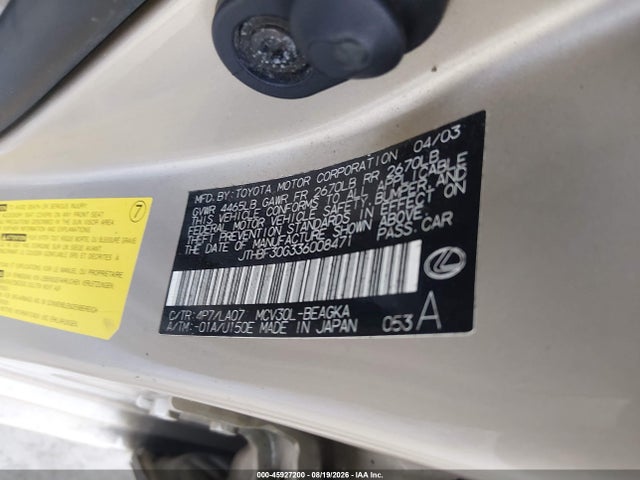 Aukcja sprzedaży 2003 Lexus Es 300, vin: JTHBF30G336008471, numer aukcji: 45927200