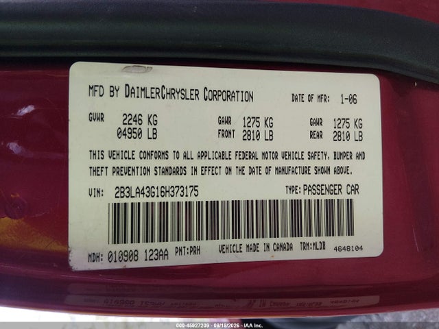 Продаж на аукціоні авто 2006 Dodge Charger, vin: 2B3LA43G16H373175, номер лоту: 45927209