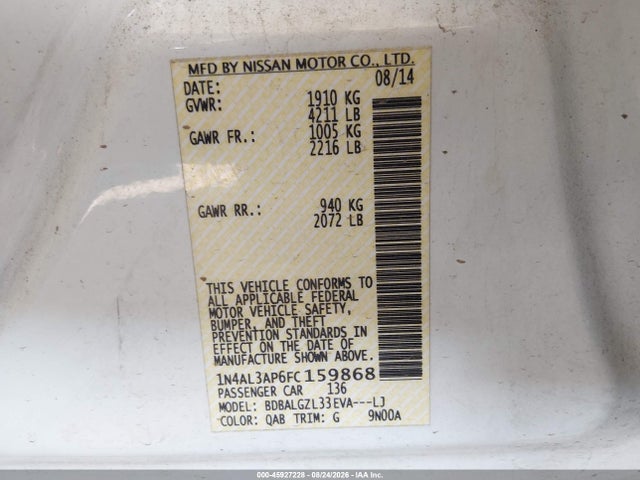 Nissan Altima 2.5 S 2015 1N4AL3AP6FC159868 Image 9