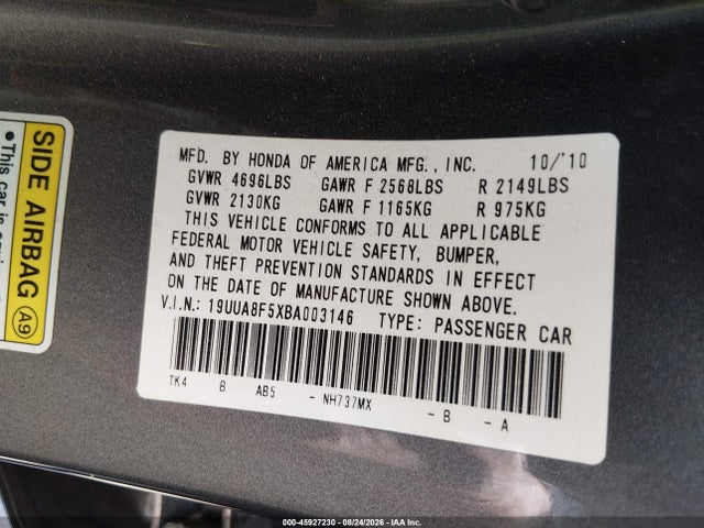 45927230 :رقم المزاد ، 19UUA8F5XBA003146 vin ، 2011 Acura Tl 3.5 مزاد بيع