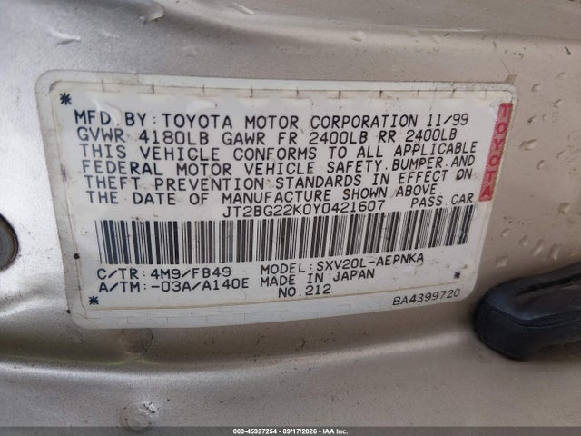 45927254 :رقم المزاد ، JT2BG22K0Y0421607 vin ، 2000 Toyota Camry Le مزاد بيع