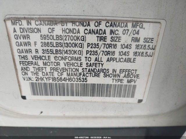 45927266 :رقم المزاد ، 2HKYF18564H603535 vin ، 2004 Honda Pilot Ex-l مزاد بيع