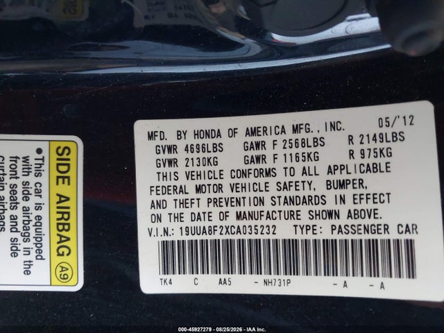2012 Acura Tl 3.5 მანქანა იყიდება აუქციონზე, vin: 19UUA8F2XCA035232, აუქციონის ნომერი: 45927279