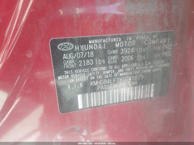 Продажа на аукционе авто 2019 Hyundai Elantra Sel, vin: KMHD84LF1KU745879, номер лота: 45927282