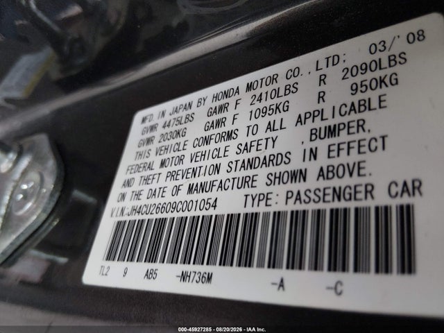 Продаж на аукціоні авто 2009 Acura Tsx, vin: JH4CU26609C001054, номер лоту: 45927285