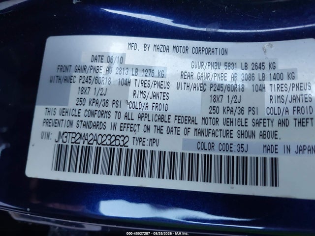 2010 Mazda Cx-9 Touring მანქანა იყიდება აუქციონზე, vin: JM3TB2MA2A0232632, აუქციონის ნომერი: 45927287
