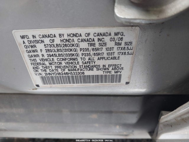 Продаж на аукціоні авто 2006 Acura Mdx, vin: 2HNYD18246H533308, номер лоту: 45927314