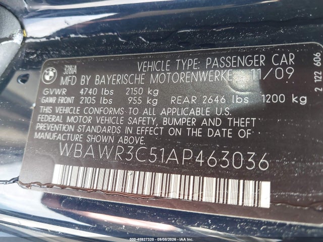 2010 Bmw 328i მანქანა იყიდება აუქციონზე, vin: WBAWR3C51AP463036, აუქციონის ნომერი: 45927320