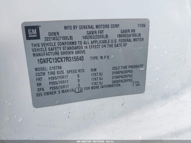 2007 Gmc Yukon Sle მანქანა იყიდება აუქციონზე, vin: 1GKFC13CX7R315640, აუქციონის ნომერი: 45927345