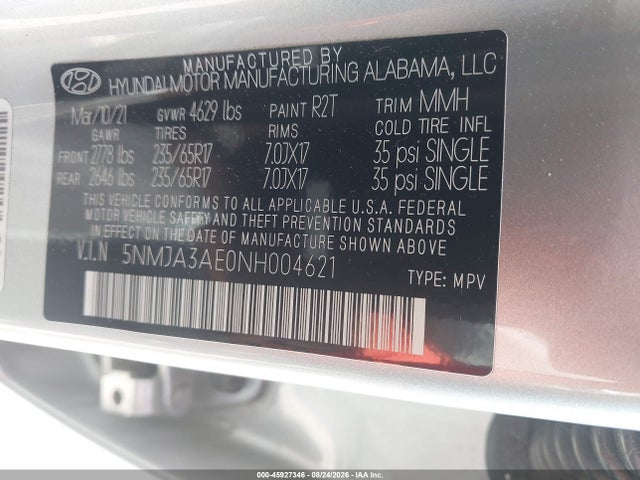 Aukcja sprzedaży 2022 Hyundai Tucson Se, vin: 5NMJA3AE0NH004621, numer aukcji: 45927346