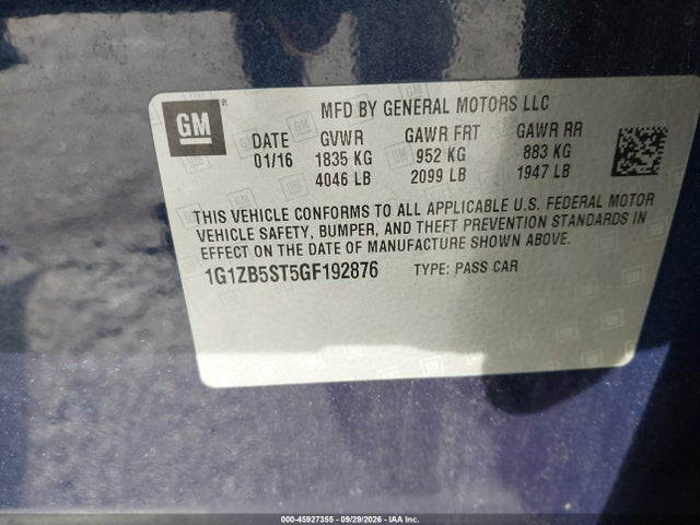 Продаж на аукціоні авто 2016 Chevrolet Malibu Ls, vin: 1G1ZB5ST5GF192876, номер лоту: 45927355