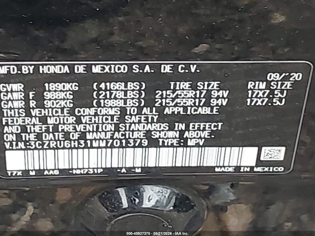 45927375 :رقم المزاد ، 3CZRU6H31MM701379 vin ، 2021 Honda Hr-v Awd Lx مزاد بيع