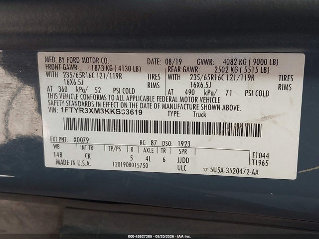 2019 Ford Transit-250 მანქანა იყიდება აუქციონზე, vin: 1FTYR3XM3KKB33619, აუქციონის ნომერი: 45927385